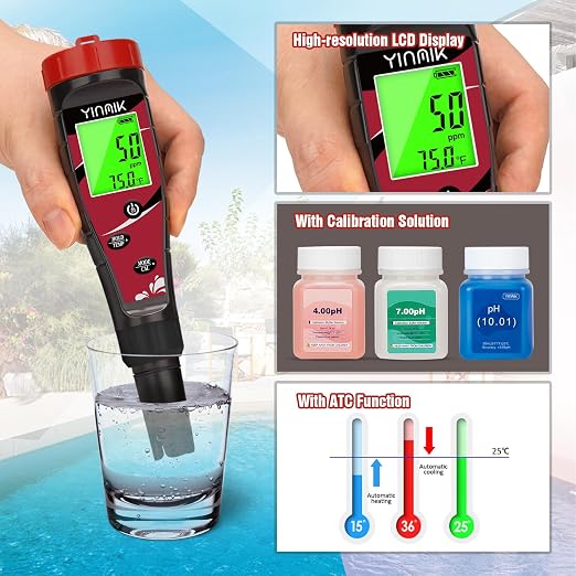 Pool Chlorine pH Meter Digital Salt pH Tester for Salt Water Pool Hydroponic pH Conductivity Meter YINMIK 7 in 1 pH Free Chlorine Salinity ORP EC TDS Temp Reader for Aquarium Drinking Water Koi Pond