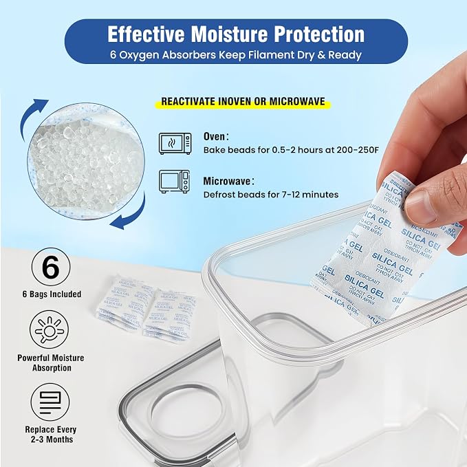 6 Pack 4L Filament Storage Box Hygrometer Airtight Dry Box for 3D Printer Filament Sealing, Complete Kit: 11 Pcs Spatula/Blades, 2 MK8 Nozzles, Wrench, Pen, Stickers & Reusable Desiccant