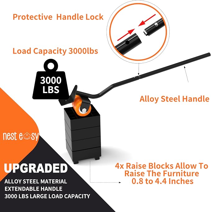 Heavy Duty Furniture Dolly 360° Rotating 5 Orange Wheels, Alloy Steel Furniture Movers Up to 3000 lbs/1360 Kg Load Capacity with Measure Tape and Leveler (5.3x5.3 in)