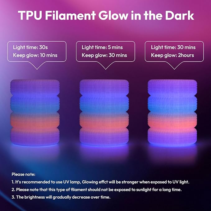 AMOLEN 95A TPU 3D Printer Filament, 1.75mm Glow in the Dark Rainbow Purple Pink Orange Blue, Soft TPU Flexible, High Hardness & Resilience, Best with UV Lamps, 1KG Spool(2.2lbs), Fit Most 3D Printers