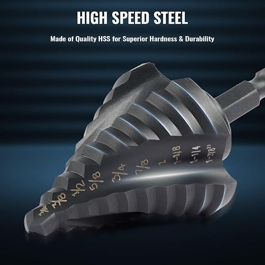 Step Drill Bit Set, 5PCS Four Spiral Flute Step Bits for Metal, 50 Sizes Titanium-Coated HSS Drill Bits with 1/4" Hex Shank for Stainless Steel Aluminum Wood Plastic