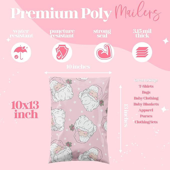 Pretty Package Store Poly Mailers 14.5x19, Pink Santa, 100 Pack | Heavy Duty, Waterproof, Self Seal, Tear Resistant, Shipping Bags for Small Business Packaging, Bulk Mailing Envelopes
