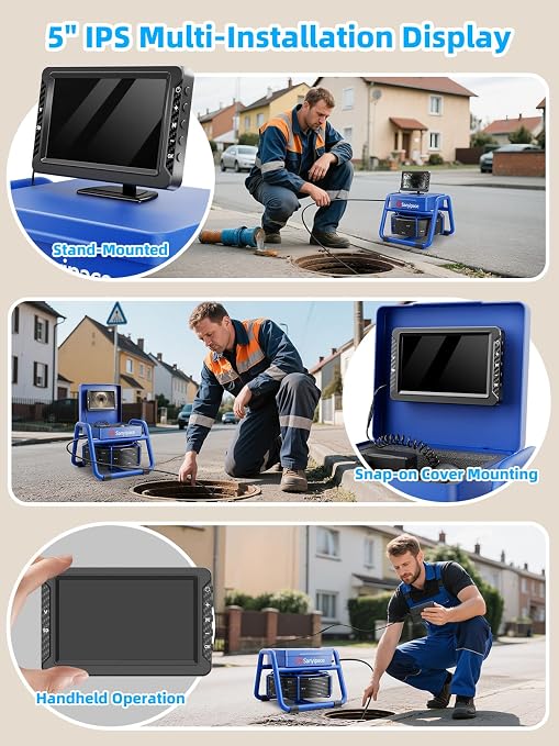 Sanyipace Sewer Camera,5" HD Screen,18mm Pipeline Inspection Camera with 8 LEDs Light,32GB DVR Function, 1080P IP68 Waterproof Drain Camera for Sewer Line,Home,Drain Pipe Plumbing(Blue,100ft/30m,5mm)
