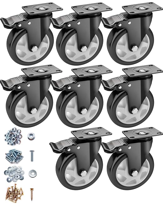 Casters, 5" Caster Wheels，Casters Set of 8 Heavy Duty - ASRINIEY Black Polyurethane Castors, Top Plate Swivel Wheels, 8-Pack Industrial Casters with Brake, Locking Casters for Furniture and Workbench