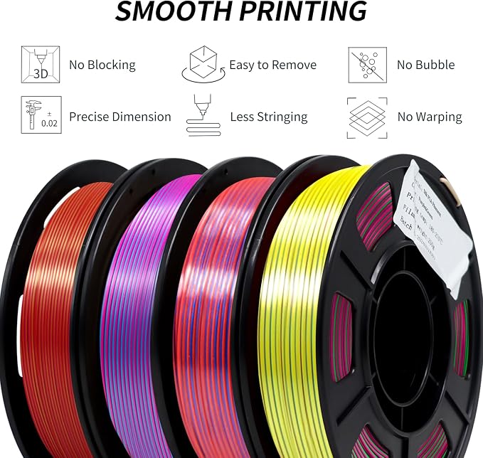 YOUSU 3D Printer Filament Tri Color Silk PLA Filament 1.75mm, 3D Printing Filament Bundle,Multicolor Filament Like Rainbow PLA, 250g X 4 Pack.