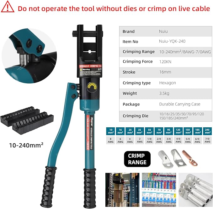 YQK-240 Hydraulic Crimping Tool 12T, Wire Crimper for Battery Cable Terminals 16-240mm²(6 AWG to 7/0 AWG)with 10PCS Hex Dies,16mm Stroke, 180°Swivel Head - Professional Electrician Crimper(Blue)