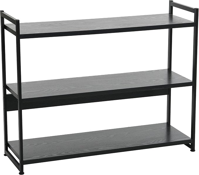 Household Essentials Jamestown Wide 3 Shelf Open Storage Bookshelf Black Oak Wood Grain and Black Metal