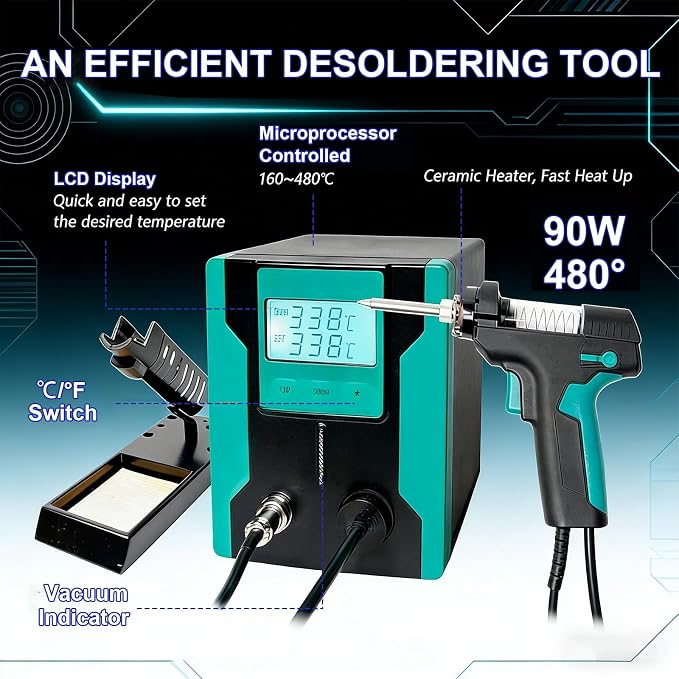 OUKENS Soldering Iron Desoldering Station Kit, Electric Solder Suction Gun with LCD, Desoldering Tool for Electronics Repair, Sleep Mode 7-Hole Design, Includes 3 Nozzles 3 Needles 4 Filter Cotton