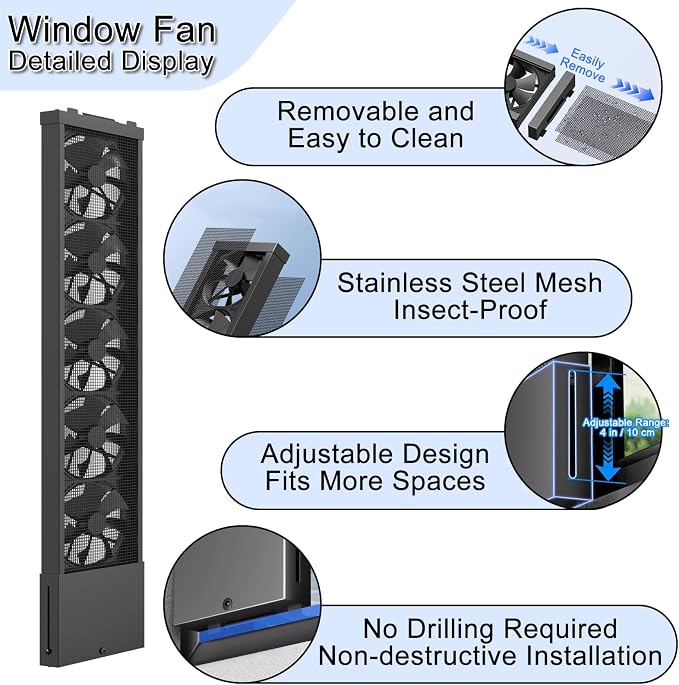 AMSXNOO Window Exhaust Fan for Home, Exhaust Fan for Sliding Window, Punch-Free Vertical & Horizontal Window Fan, Variable Speed, 4" Retractable (Black, 20.9-24.8in / 53-63cm)