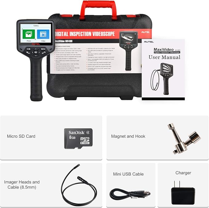 Autel MaxiVideo MV480 Inspection Camera, 1080P HD Industrial Endoscope with Light, Dual Cameras, 10-Level Adjustable LED, 7X Zoom, Snake Borescope with Audio Annotation, 360°Rotation, Up of MV460