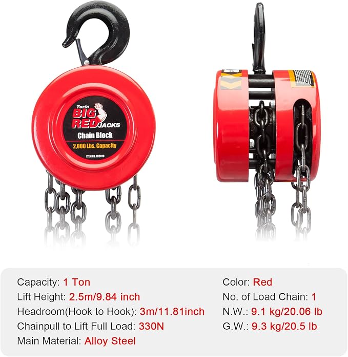 Big RED 1 Ton Hand Chain Hoist, 2000 Lbs Capacity, 8 ft Lift, Manual Chain Block with Safety Hooks for Warehouse, Automotive, Industrial Use