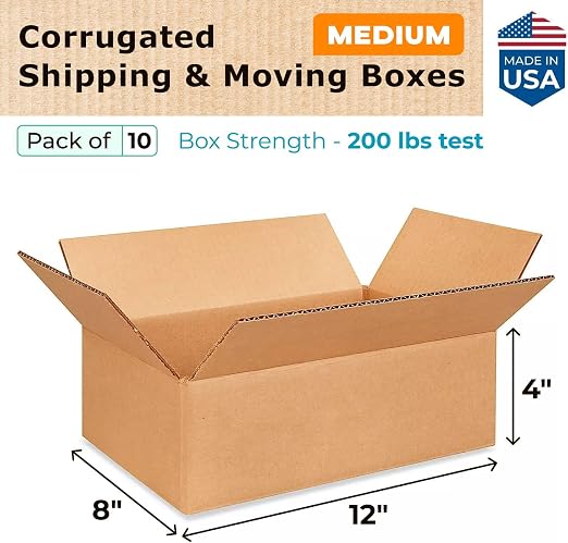 Medium Moving & Shipping Boxes 12x8x4 inches (10-Pack) - Extra Strength 200 lb vs Regular - USA-Made Corrugated Strong Packing Boxes - Packing Box for Moving Medium - Box for Shipping by IDL Packaging