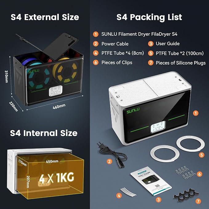 SUNLU S4 3D Printer Filament Dryer, White | 4 Spools Capacity,3 Circulation Fans,350W PTC Heater,70℃ Max Temperature,Intelligent humidity detection