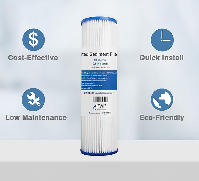 Pleated Poly Sediment Water Filter Cartridge 10x2.5" 20 Micron 25 Pack
