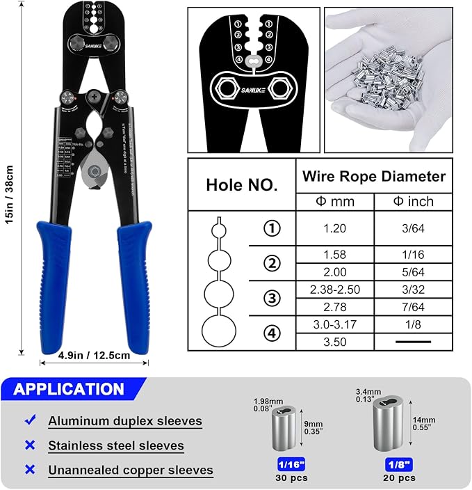 Sanuke Wire Rope Crimping Tool Kit, Professional Wire Rope Crimper and Cutter for Aluminum Oval Sleeves, Double Sleeves, Crimping Loop Sleeves from 3/64-inch to 1/8-inch
