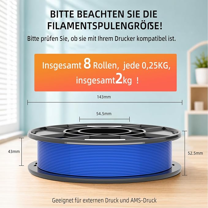 3DHoJor PLA+ 3D Printer Filament Bundle, Multicolor PLA+ Filament 1.75mm, Vacuum Packed, 0.25kg*8 Pack, 2kg Total, White+True Red+Orange+Yellow+Green+Space Blue+Blue+Pink
