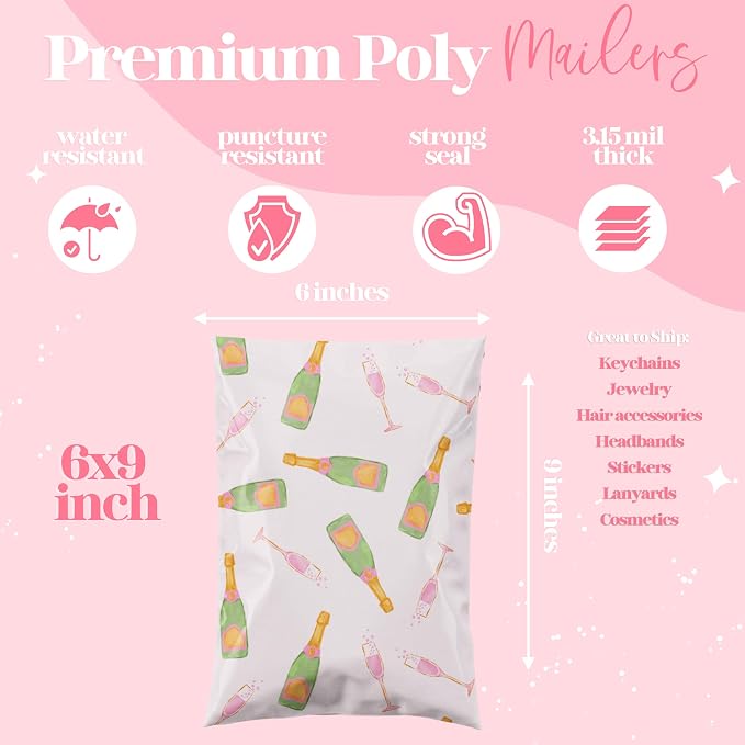 Pretty Package Store 6x9 Designer Poly Mailer 100 Pack Heavy Duty Waterproof Self Seal Shipping Bags for Small Business Large Mailing Envelopes Bulk Tear Resistant Packaging Pink Champagne