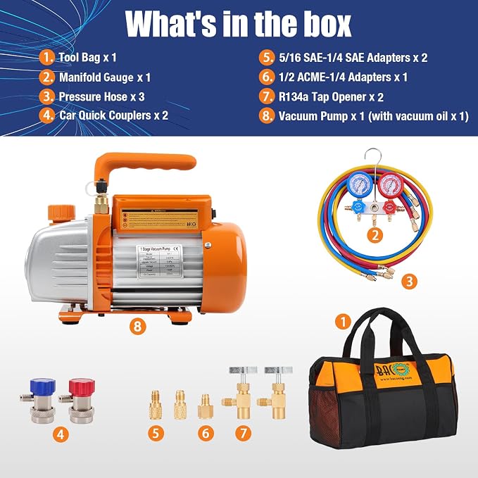 BACOENG 3.6CFM 1/4HP AC Vacuum Pump and Gauge Set, HVAC Vacuum Pump Kit for AUTO Air Conditioning System, Manifold Gauge Set for R134a R22 R410a Refrigerants - w/ R134a Can Taps and Quick Couplers