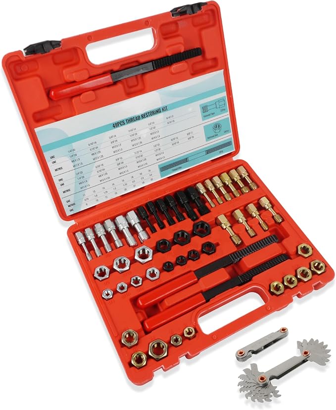 51PCS Thread Restorer Tool, Thread Repair Tool Kit, Thread Files | 22 Taps 24 Dies 3 Thread Files 2 Thread Gauges，Master Thread Rethreading Kit UNC UNF & Metric Thread Chaser Set