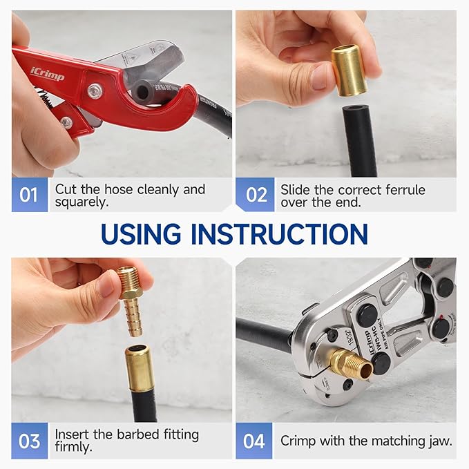 iCrimp Heavy Duty Air Hose Crimper Kit for 19/32" to 25/32" ID Ferrules with 7 Interchangeable Jaws & Cutter- Repair Tool for Rubber, Air&Torch Hoses