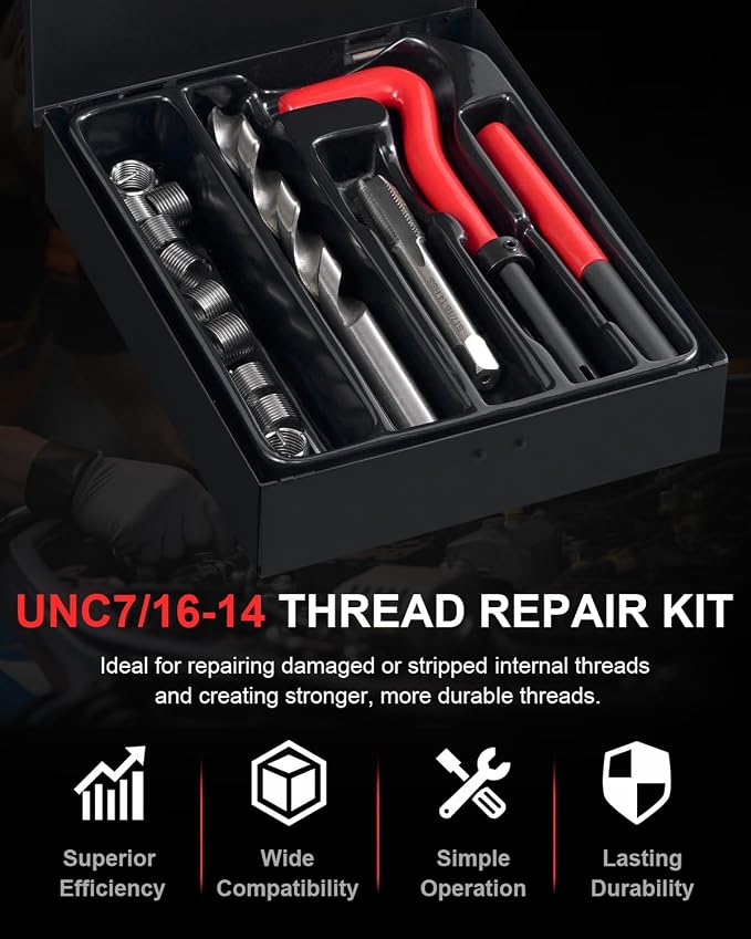 Kolvoii 7/16"-14 Helicoil Thread Repair Kit, SAE UNC 7/16 Inch Standard Helicoil kit with HSS Drill Bit, Tap & Stainless Steel Inserts for Bolt Thread & Truck Repair