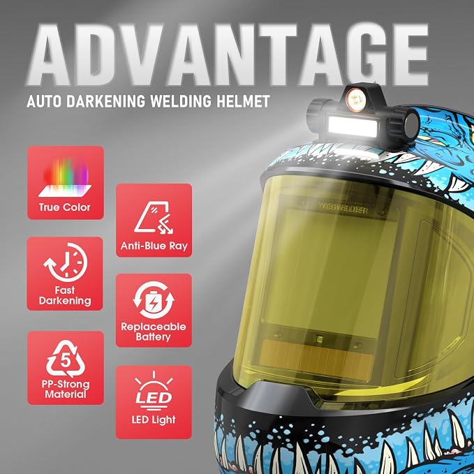 YESWELDER Intelligent Auto-Shade Auto Darkening Welding Helmet with LED, 180° Large View, Digital Filter, 1/1/1/1 True Color Solar Powered, Shade 3/5-9/9-15 Welder Mask for MIG/TIG/Stick/Cut/Grind