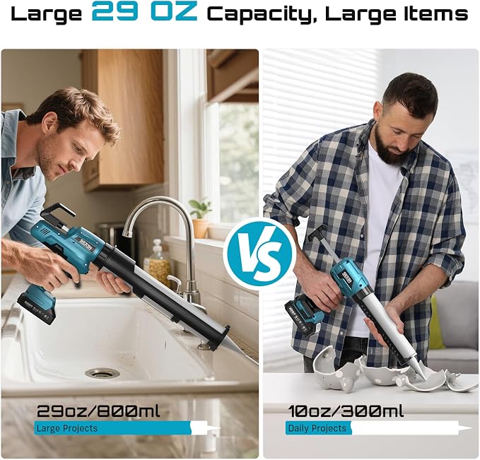 SEESII Electric Caulking Gun 29oz, Cordless Caulk Gun with 2x 2000mAh Battery, Stepless Speed, Anti-Drip, Led Light, Battery Powered Caulking Gun for Filling, Sealing