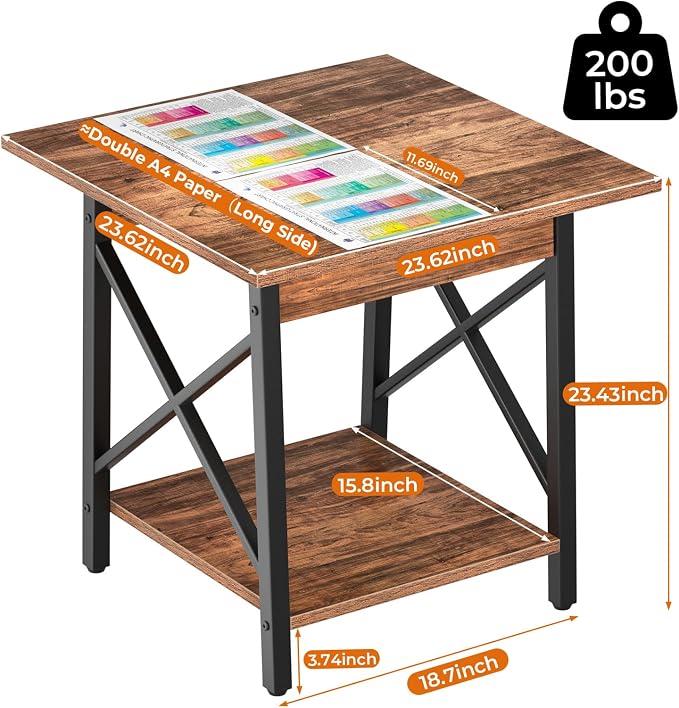GreenForest Square End Table 24 Inch with X-Frame 2-Tier Storage | Nightstand for Living Room & Bedroom, Rustic Decor, Sturdy, Waterproof Scratchproof Top, Easy Assembly, Walnut