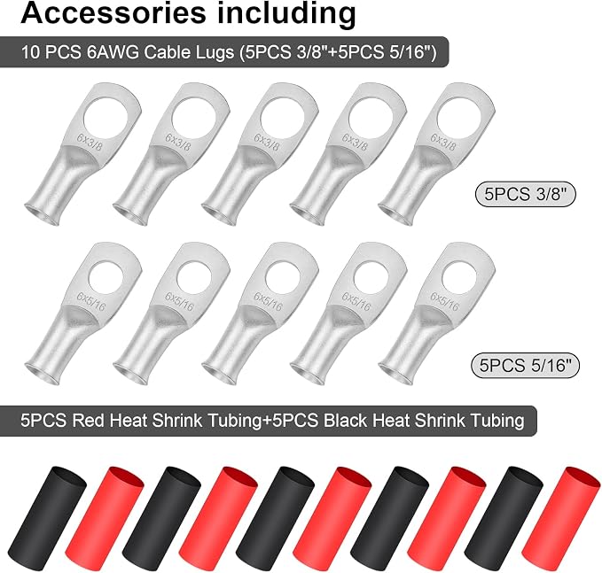 iGreely 6 Gauge 6 AWG Wire 30 Feet Black + 30 Feet Red Welding Battery Pure Copper Ultra Flexible Cable + 5pcs of 5/16" & 5pcs 3/8" Copper Cable Lug Terminal Connectors+Heat Shrink Tubing