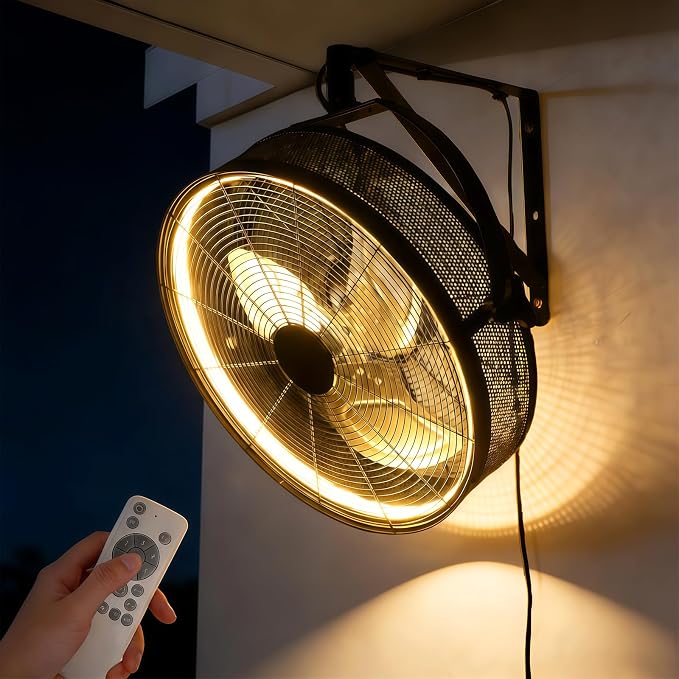 AHAWILL 20" Wall Mounted Fan with Lights, 360° Adjustable Tilt,Garage Wall Mount Fan with Remote&APP, Plug in Wall Fan,6-Speed&Reversible Gazebo Fan,3CCT Dimmable&Timer for Toolroom,Patio,Warehouse