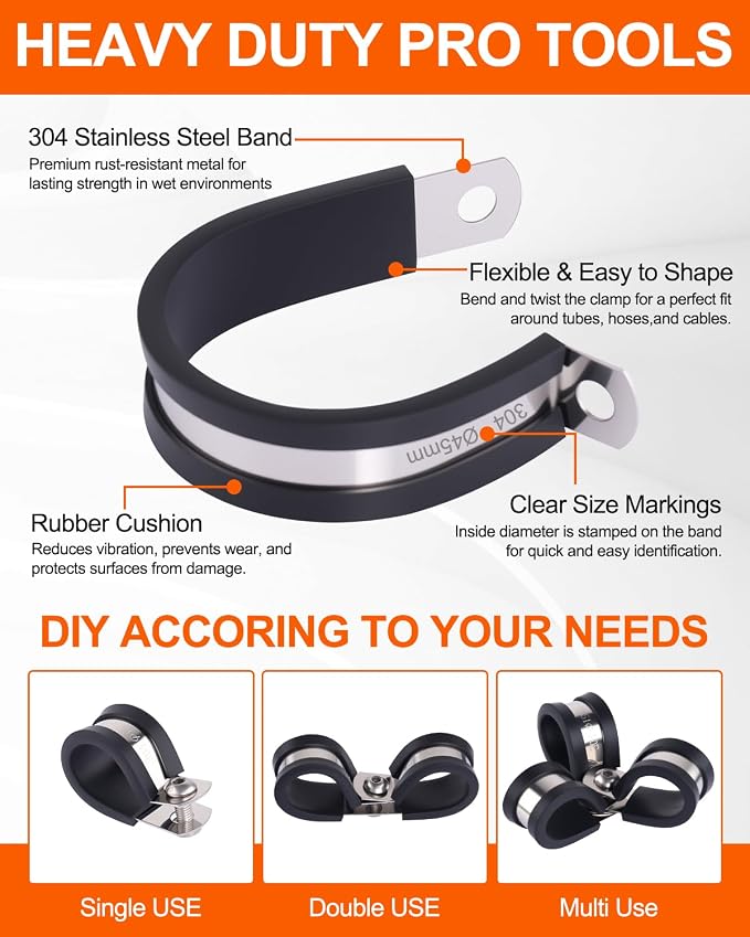 328PCS Cable Clamps Assortment Kit, 304 Stainless Steel Rubber Cushion Pipe Clamps, 9 Sizes 1/4" 5/16" 3/8" 1/2" 5/8" 3/4" 1" 1-1/4" 1-1/2" Wire Clamps with Screws, Screwdriver, Handheld Box