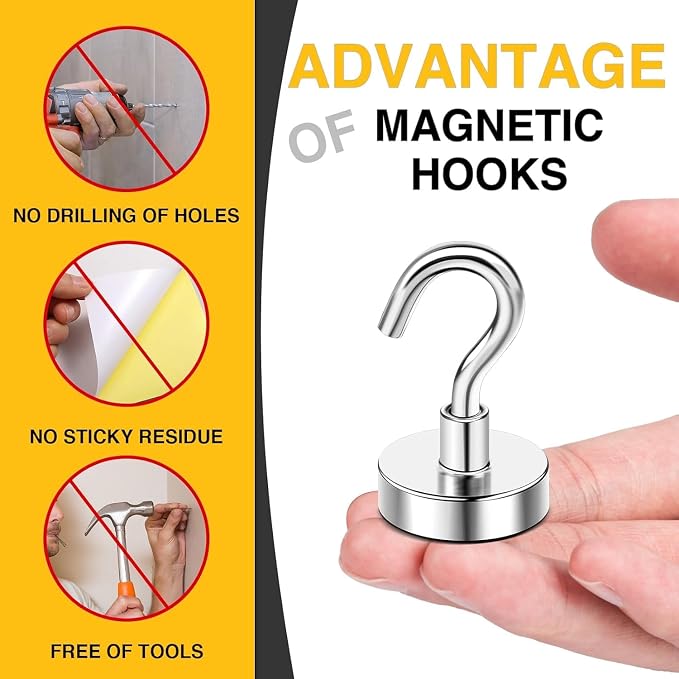DIYMAG Magnetic Hooks,Silver 50 LB Heavy Duty Magnet with Hook,12 Packs Silver Strong Rare Earth Neodymium Magnets for Hanging, Magnetics Hanger for Curtain, Home, Kitchen, Workplace