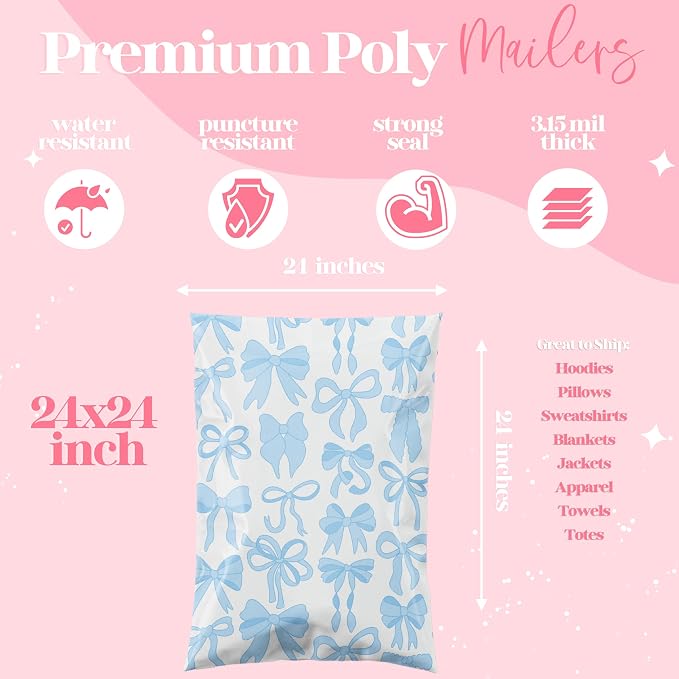 Pretty Package Store Poly Mailer 24x24, Blue Bows, 50 Pack | Heavy Duty, Waterproof, Self Seal, Tear Resistant, Large Shipping Bags for Small Business Packaging, Bulk Mailing Envelopes