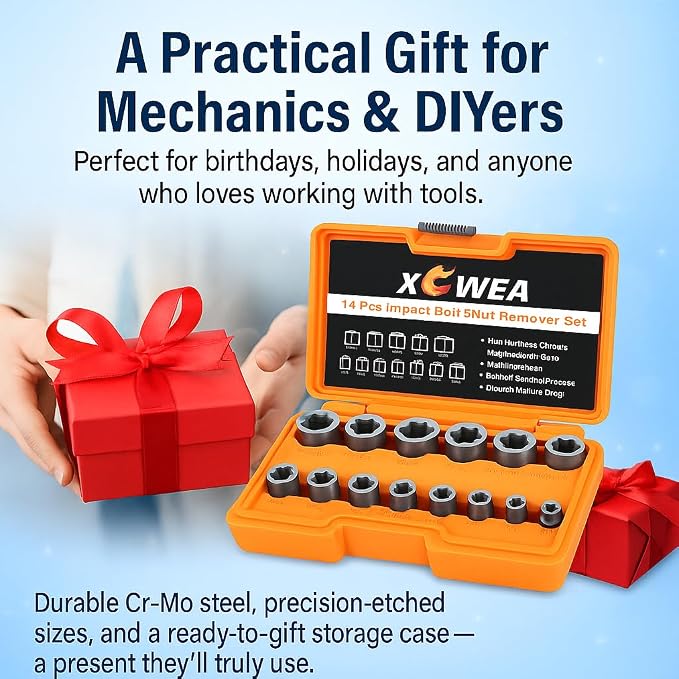 XEWEA Professional 14PCS Bolt Extractor Set, 3/8" Drive Impact Stripped Bolt Remover Socket Set for Removing Damaged Broken Rounded Off Bolt & Nut, Impact Grade Cr-Mo Steel with Case Father's Day Gift