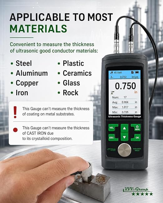 Ultrasonic Thickness Gauge Industrial-882X / Steel, Metals, Plastic, Glass, PVC, Pipes Thickness Gauge Meter – Range 0.039 to 11.811 inch (1-300mm) | Color LCD