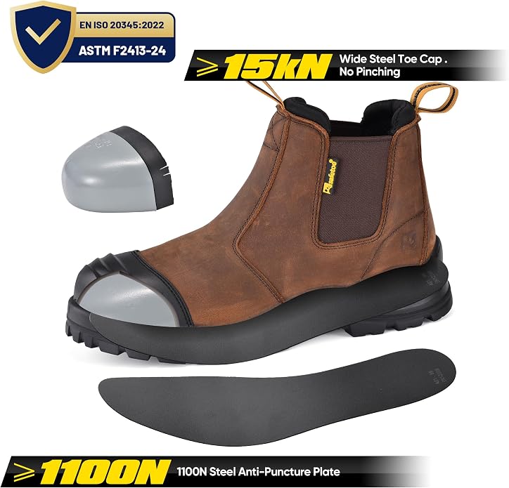Steel Toe Work Boots for Men Cow Leather Slip on Safety Boot Ladder Grip Design