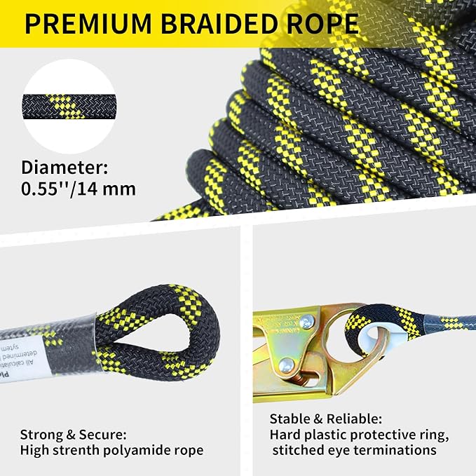 100FT Fall Protection Safety Rope, Heavy Duty Vertical Lifeline Assembly with Grab Snap Hooks Shock Absorber, Safety Lanyard for Roofing Tree Climbing Construction