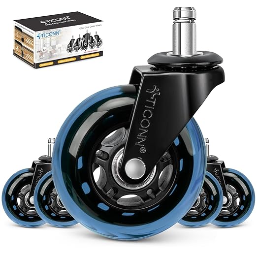 TICONN Office Chair Caster Wheels Set of 5 for Tile, Hardwood Floors and Carpets, Universal Fit for Most Chairs (Blue)