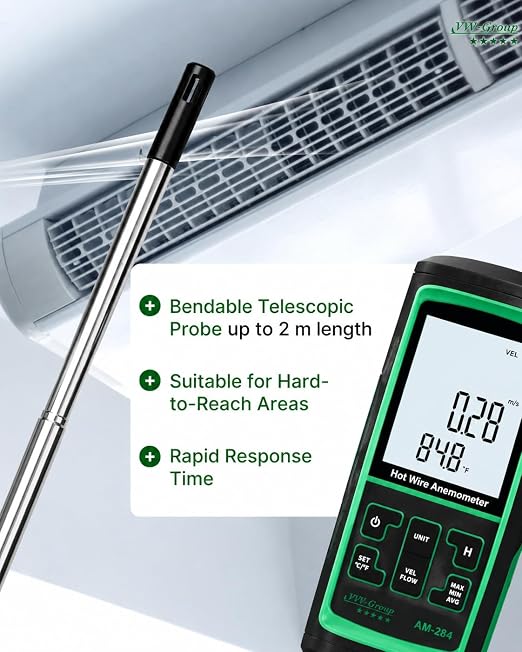 Hot Wire Anemometer AM-284 – HVAC Airflow Meter for Duct and Vent Testing, CFM/CMM Air Volume Calculation, Wind Speed & Temperature Measurement, Straight Telescopic Probe, USB PC Software