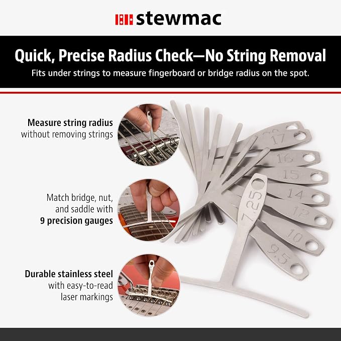 StewMac Understring Radius Gauges, Set of 9, Standard Width for Guitar Setup, for 6-String Guitars and Most 4-String Basses