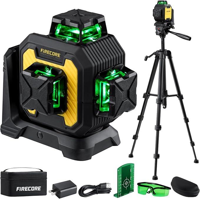 Firecore 360 Laser Level with 60" Tripod, Self-Leveling Green Lazer Leveler Tool for Construction Home Renovation, Outdoor Pulse Mode, Adjustable Brightness, Rechargeable Battery & Magnetic Bracket