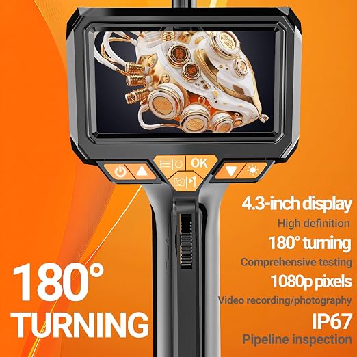 Two-Way Articulating Borescope with LED Light, Industrial Endoscope Camera with Articulated Probe, 4.3'' Screen, Scope Inspection Camera for Automotive Engine Inspect (6.5mm Probe)
