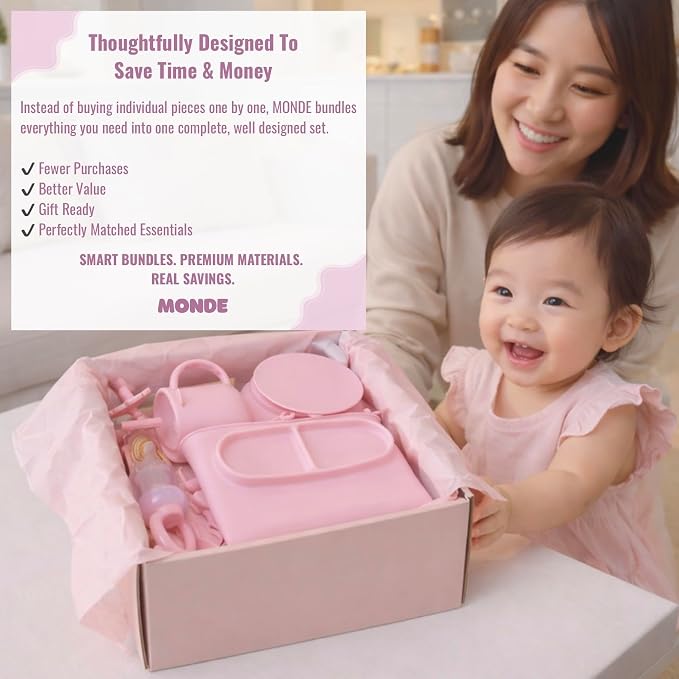 MONDE 25PCS Ultimate Silicone Baby Feeding Set, Complete Mealtime Baby-Led Weaning Essentials From Infant To Toddler, Bib, Smock, Sippy Cup, Dry Wet Bag, Placemat, Perfect Premium Gift Set (Pink)