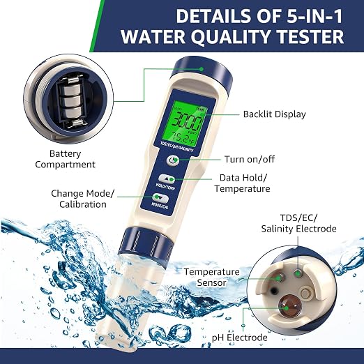 Pool Salt Tester & PH Meter - 5-in-1 Digital TDS Meter for Salinity PH Temp and EC, 0.01 High Accuracy, Swimming Pool, Hydroponics, Aquarium, Hot Tub, PPM Meter for Pool, Drinking Water, Wine, Food