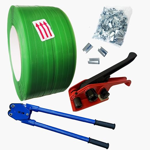 Banding Strapping Kit with 5/8" x2000 ft Green Polyester (PET) Band 200 Metal Seals Tensioner Sealer Tool for Pallet Box Packaging