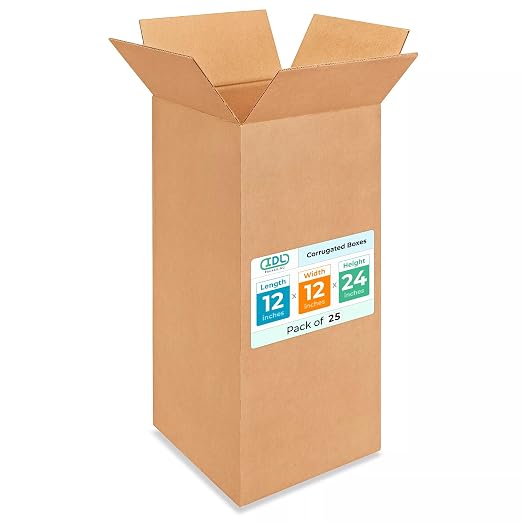 Tall Moving & Shipping Boxes 12"L x 12"W x 24"H (25-Pack) - Extra Strength 200 lb vs Regular - USA-Made Corrugated Boxes for Packaging Moving - Cardboard Corrugated Packaging Box by IDL Packaging
