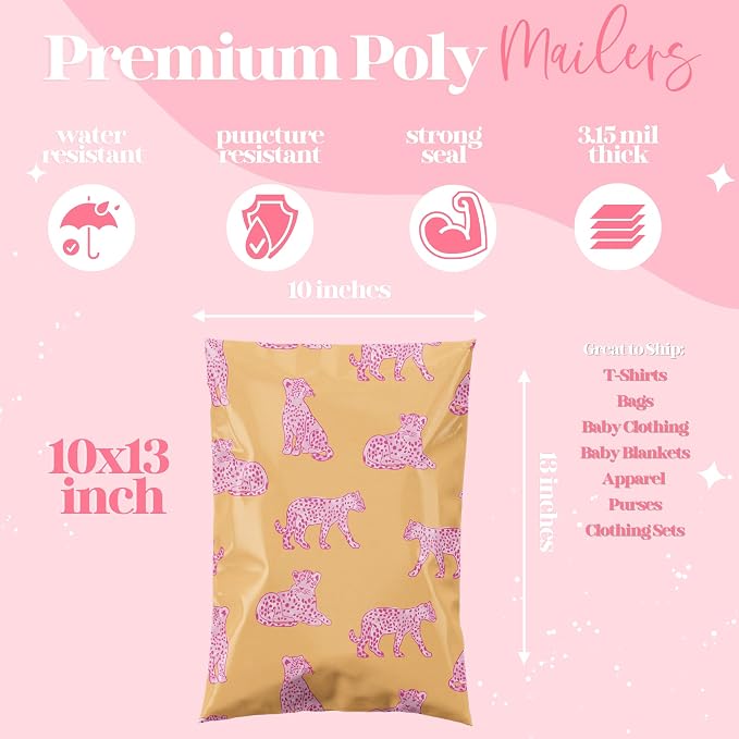 Pretty Package Store 10x13 Designer Poly Mailer 100 Pack Heavy Duty Waterproof Self Seal Shipping Bags for Small Business Large Mailing Envelopes Bulk Tear Resistant Packaging Pink Orange Leopard