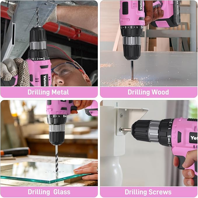 FADAKWALT 20V Cordless Drill Set with Battery, Charger & Carrying Bag, 30N Torque Power Drill/Driver Kit, 21+1 Clutch Settings, 3/8" Keyless Chuck, LED Light, Driver Bits(Pink)