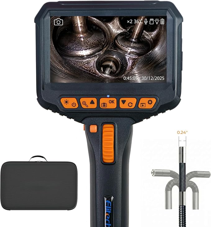Elitech Two-Way Articulating Borescope with Light, 0.24in Slim Inspection Camera, 20,000+ Bend Life, 180° Snake Camera, 1080P 4.3" IPS Endoscope, High-Temp Protection for Automotive Mechanics