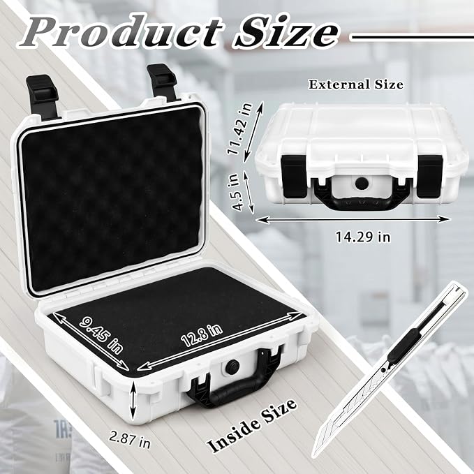 Relaxweex 1 Pcs Waterproof Hard Case with DIY Customizable Foam Insert Portable Protective Case with Knife for Camera Drones Equipments Tools Test Instruments(White,14.3 x 11.4 x 4.5 Inch)